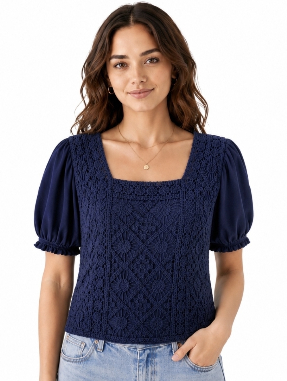 Broadway 38 Navy Crochet Lace Boho Top Puff Sleeve Romantic Cottagecore L